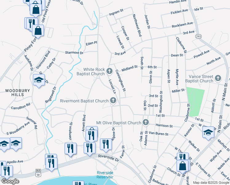 map of restaurants, bars, coffee shops, grocery stores, and more near 101 Sherwood Drive in Danville