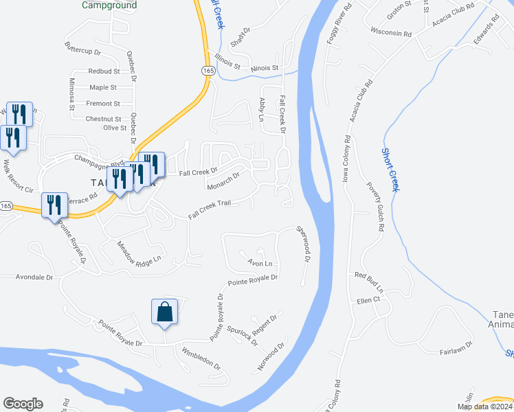 map of restaurants, bars, coffee shops, grocery stores, and more near 21 Fall Creek TRL 106 1 Trail in Branson