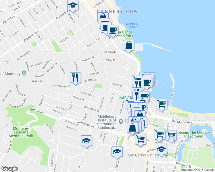 map of restaurants, bars, coffee shops, grocery stores, and more near 190 Seeno Street in Monterey