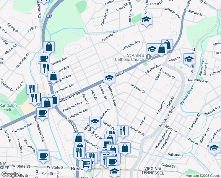 map of restaurants, bars, coffee shops, grocery stores, and more near 501 Piedmont Avenue in Bristol