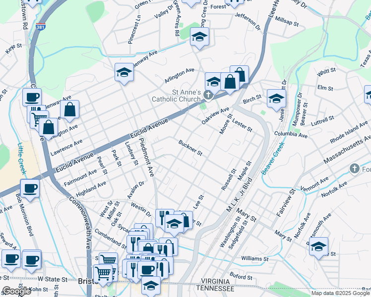 map of restaurants, bars, coffee shops, grocery stores, and more near 816 Oakview Avenue in Bristol