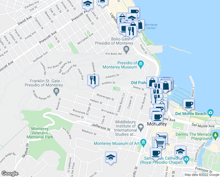 map of restaurants, bars, coffee shops, grocery stores, and more near 236 Clay Street in Monterey