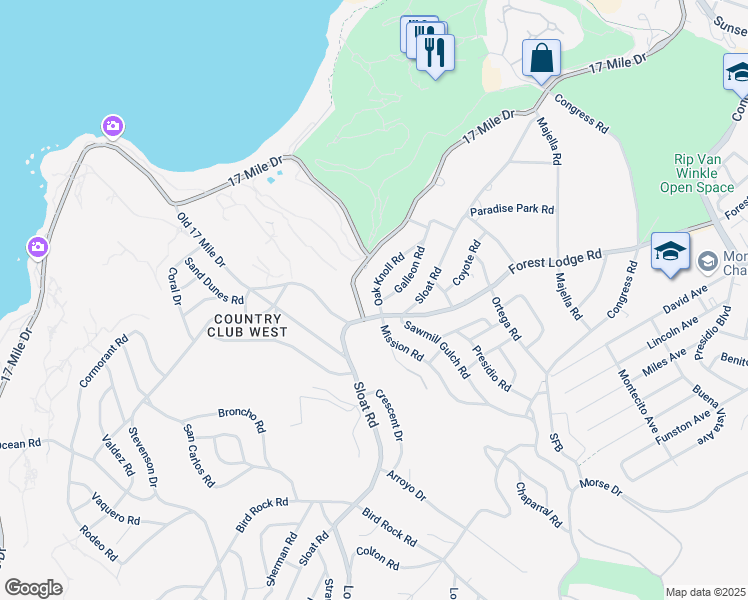map of restaurants, bars, coffee shops, grocery stores, and more near 2908 Oak Knoll Road in Del Monte Forest