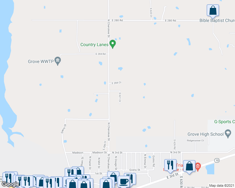 map of restaurants, bars, coffee shops, grocery stores, and more near 28649 South 621 Court in Grove