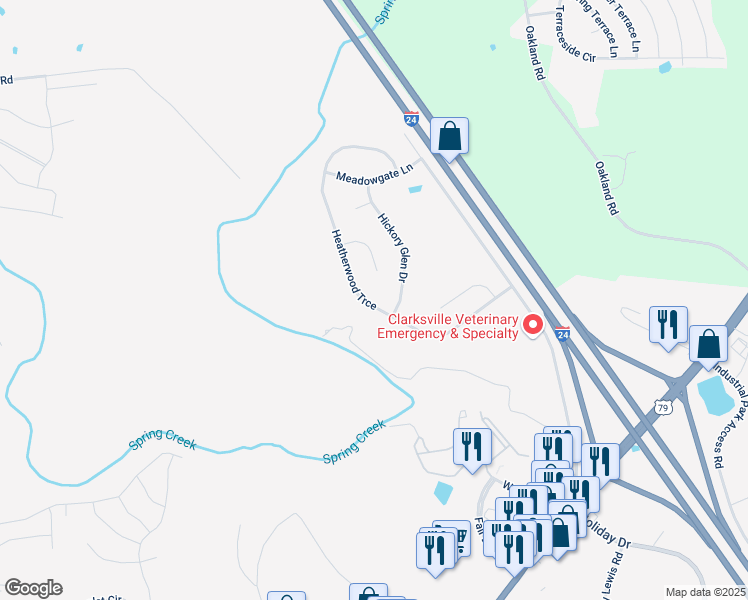 map of restaurants, bars, coffee shops, grocery stores, and more near 3375 Heatherwood Trace in Clarksville