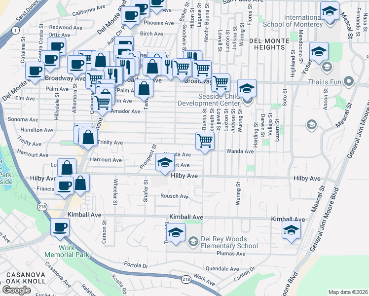 map of restaurants, bars, coffee shops, grocery stores, and more near 1226 Trinity Avenue in Seaside