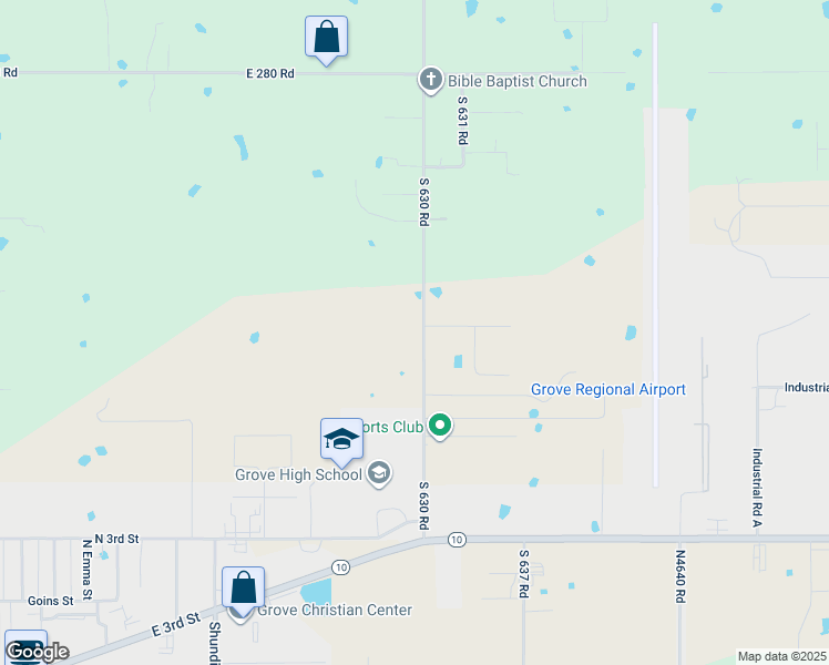 map of restaurants, bars, coffee shops, grocery stores, and more near 28735 South 630 Road in Grove