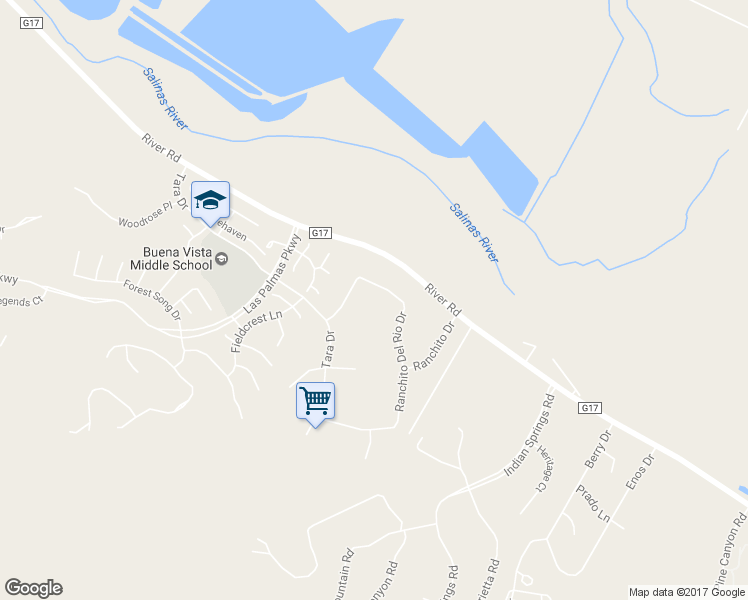 map of restaurants, bars, coffee shops, grocery stores, and more near 18610 Ranchito Del Rio Drive in Salinas
