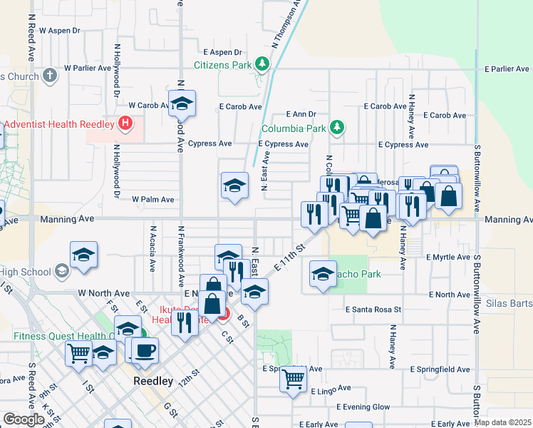 map of restaurants, bars, coffee shops, grocery stores, and more near 564 Manning Avenue in Reedley