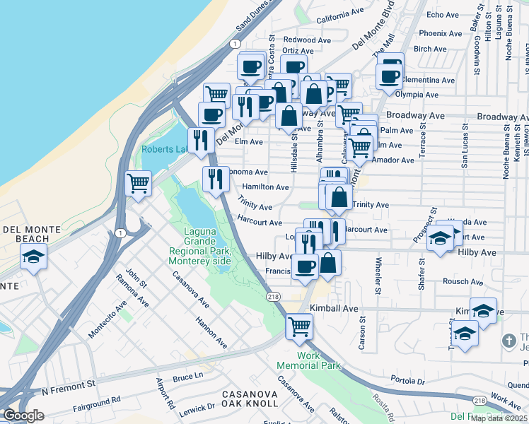map of restaurants, bars, coffee shops, grocery stores, and more near 550 Trinity Avenue in Seaside