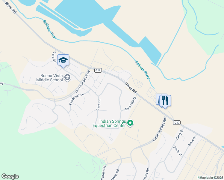 map of restaurants, bars, coffee shops, grocery stores, and more near 18610 Ranchito Del Rio Drive in Salinas