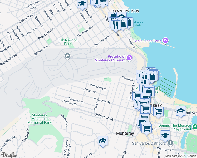 map of restaurants, bars, coffee shops, grocery stores, and more near 926 Margaret Street in Monterey