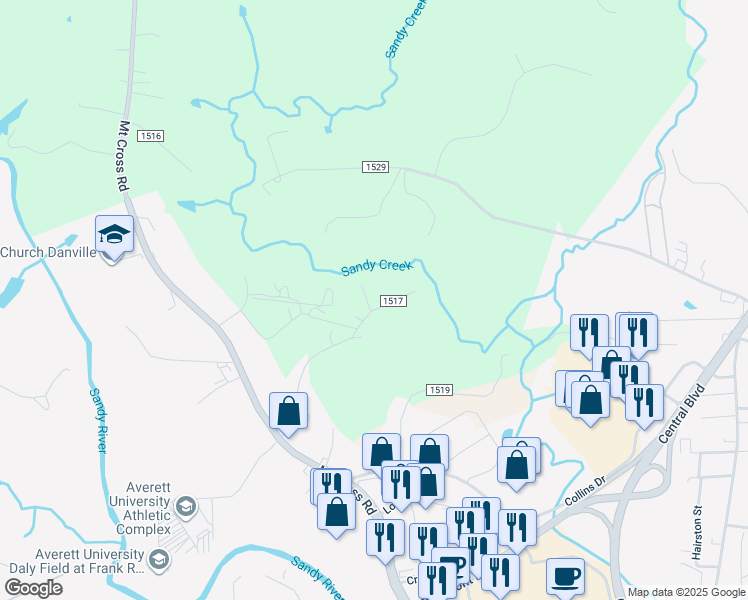 map of restaurants, bars, coffee shops, grocery stores, and more near 521 Parker Road West in Danville