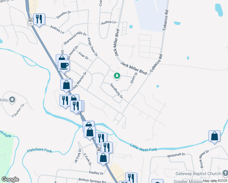 map of restaurants, bars, coffee shops, grocery stores, and more near 414 Sandburg Drive in Clarksville