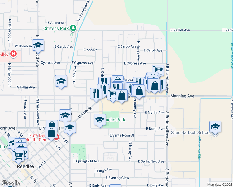 map of restaurants, bars, coffee shops, grocery stores, and more near 1060 East Manning Avenue in Reedley