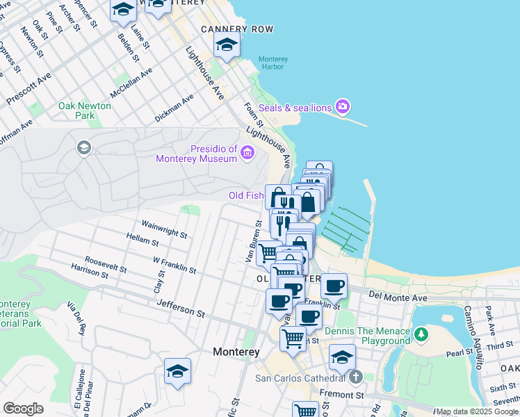 map of restaurants, bars, coffee shops, grocery stores, and more near 100 Seeno Street in Monterey