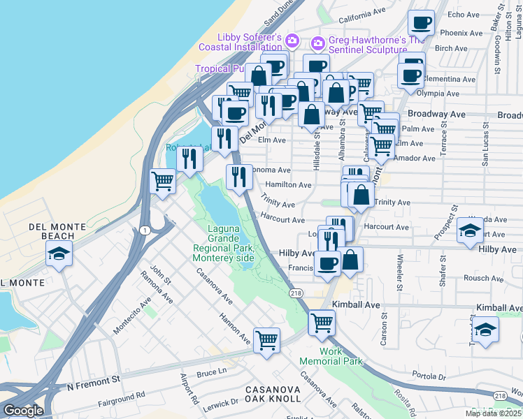 map of restaurants, bars, coffee shops, grocery stores, and more near 465 Harcourt Avenue in Seaside