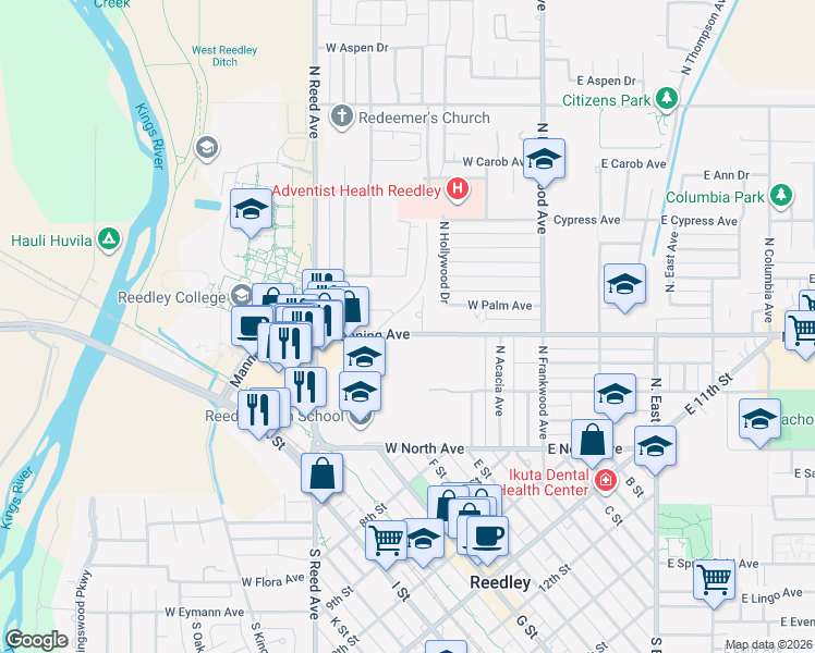 map of restaurants, bars, coffee shops, grocery stores, and more near 580 Manning Avenue in Reedley