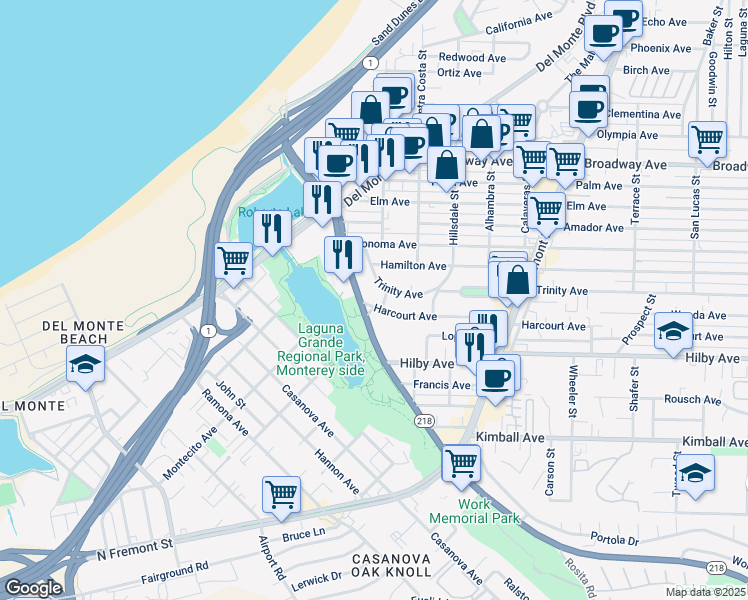 map of restaurants, bars, coffee shops, grocery stores, and more near 465 Harcourt Avenue in Seaside