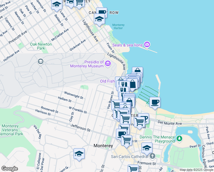 map of restaurants, bars, coffee shops, grocery stores, and more near 124 Seeno Street in Monterey