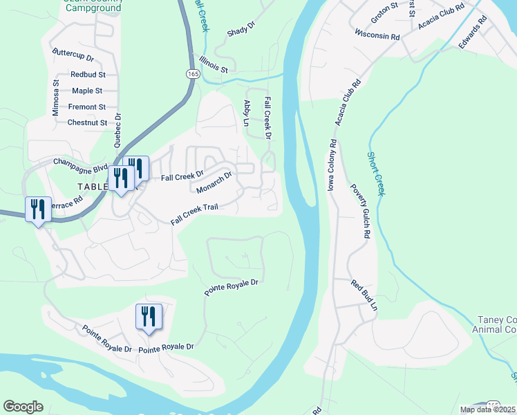 map of restaurants, bars, coffee shops, grocery stores, and more near 25 Fall Creek Trail in Branson