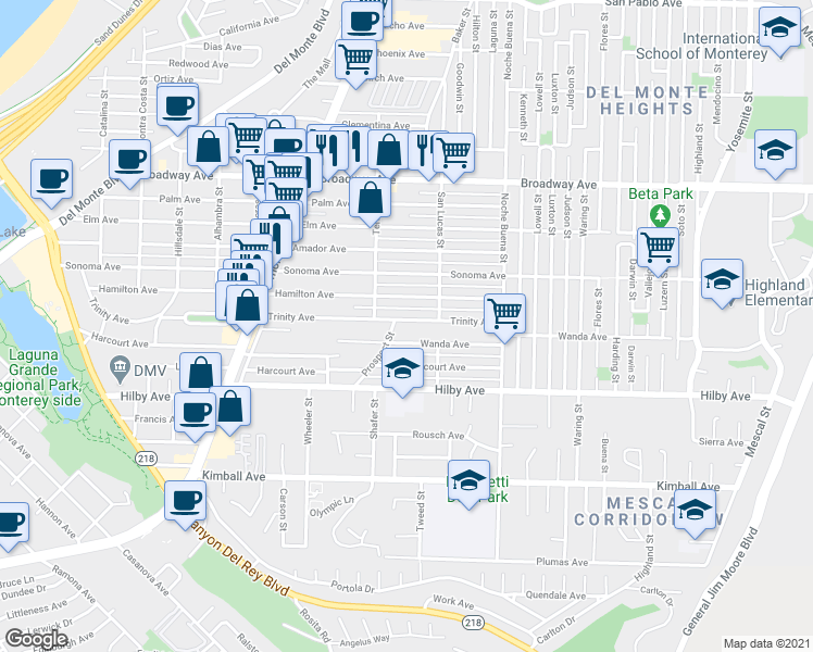 map of restaurants, bars, coffee shops, grocery stores, and more near 1154 Trinity Avenue in Seaside