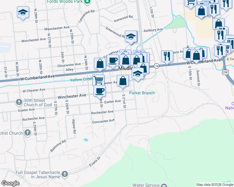 map of restaurants, bars, coffee shops, grocery stores, and more near 215 Winchester Avenue in Middlesboro