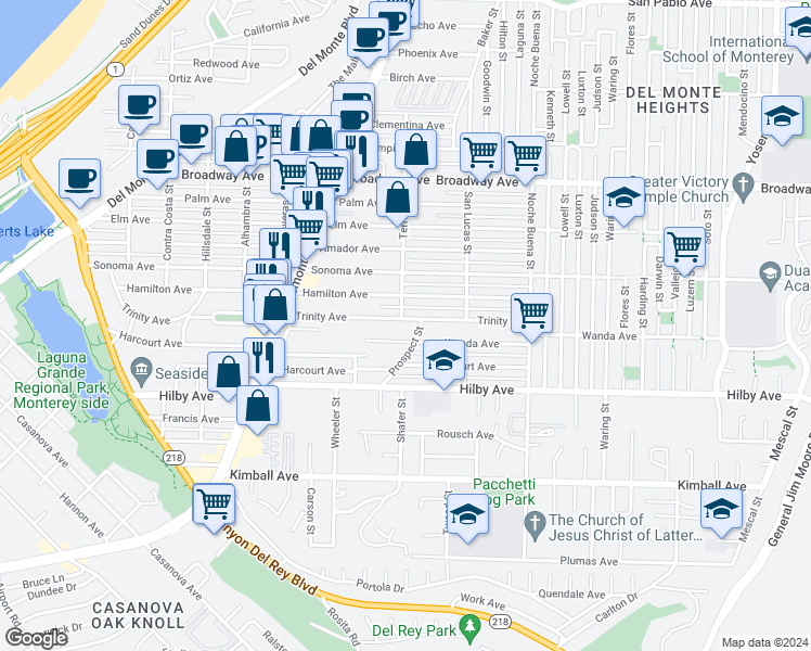 map of restaurants, bars, coffee shops, grocery stores, and more near 1106 Trinity Avenue in Seaside