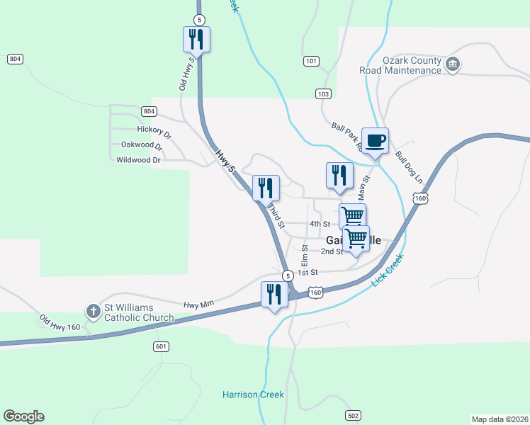 map of restaurants, bars, coffee shops, grocery stores, and more near 111 Missouri 5 in Gainesville