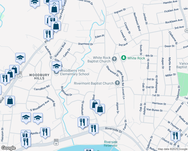 map of restaurants, bars, coffee shops, grocery stores, and more near 114 Mulberry Road in Danville