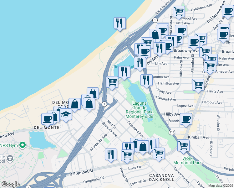 map of restaurants, bars, coffee shops, grocery stores, and more near 498 Encina Avenue in Monterey