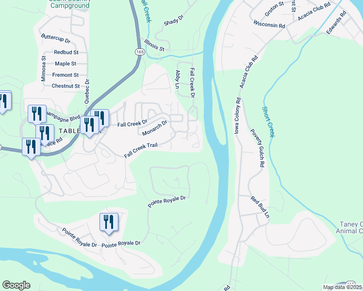 map of restaurants, bars, coffee shops, grocery stores, and more near 26 Fall Creek Trail in Branson