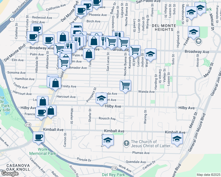 map of restaurants, bars, coffee shops, grocery stores, and more near 1212 Trinity Avenue in Seaside