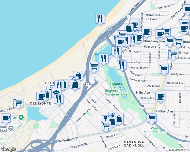 map of restaurants, bars, coffee shops, grocery stores, and more near 215 English Avenue in Monterey