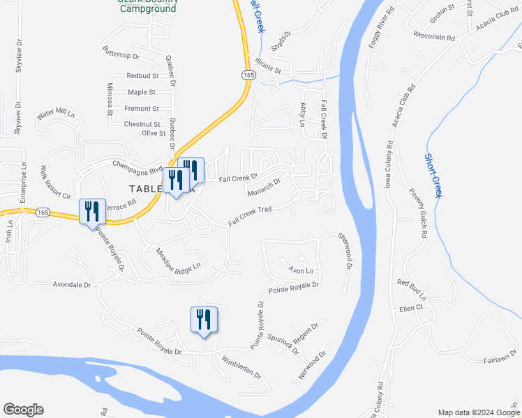 map of restaurants, bars, coffee shops, grocery stores, and more near Fall Creek Trail in Branson