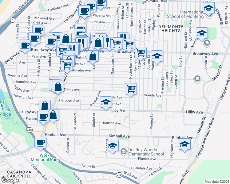 map of restaurants, bars, coffee shops, grocery stores, and more near 1212 Trinity Avenue in Seaside