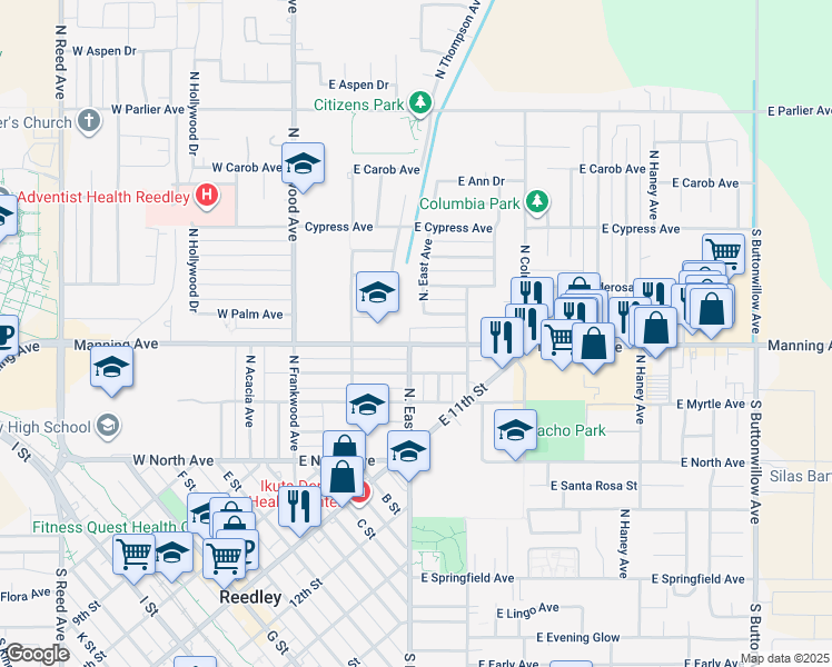 map of restaurants, bars, coffee shops, grocery stores, and more near 564 Manning Avenue in Reedley