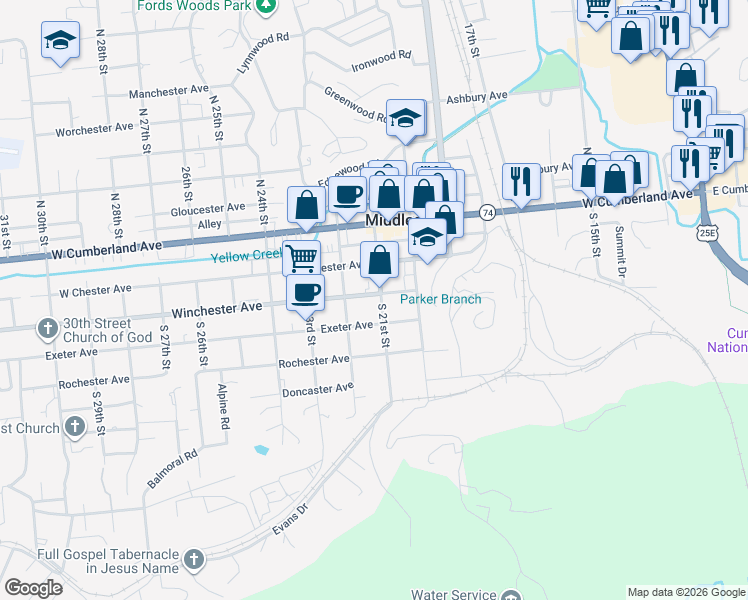 map of restaurants, bars, coffee shops, grocery stores, and more near 215 Winchester Avenue in Middlesboro