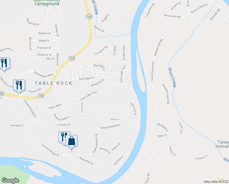 map of restaurants, bars, coffee shops, grocery stores, and more near 26 Fall Creek Trail in Branson