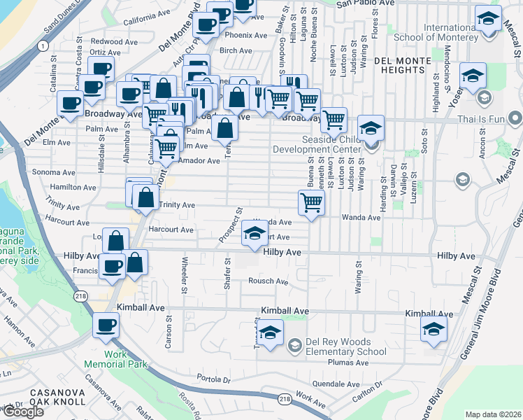 map of restaurants, bars, coffee shops, grocery stores, and more near 1194 Trinity Avenue in Seaside