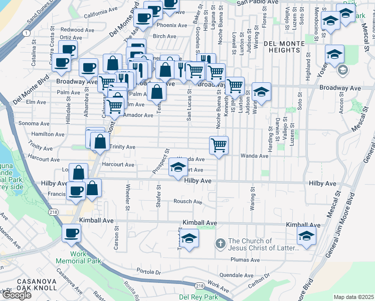 map of restaurants, bars, coffee shops, grocery stores, and more near 1194 Trinity Avenue in Seaside