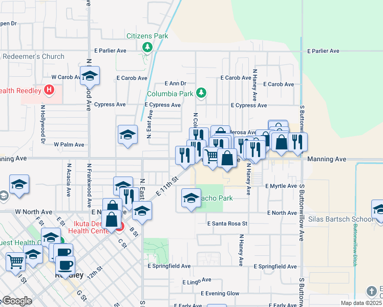 map of restaurants, bars, coffee shops, grocery stores, and more near 852 Manning Avenue in Reedley