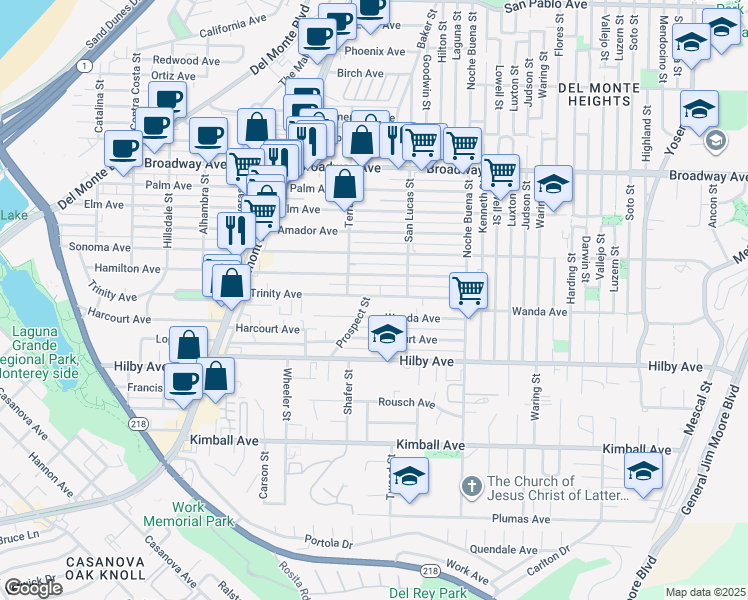 map of restaurants, bars, coffee shops, grocery stores, and more near 1298 Prospect Street in Seaside