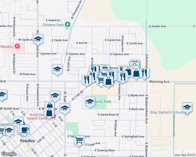 map of restaurants, bars, coffee shops, grocery stores, and more near 980 Manning Avenue in Reedley