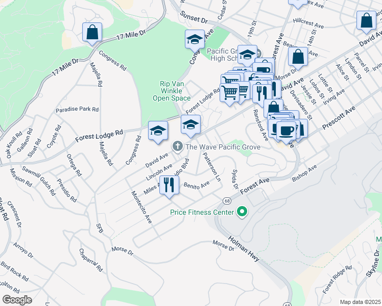 map of restaurants, bars, coffee shops, grocery stores, and more near 1113 Presidio Boulevard in Pacific Grove