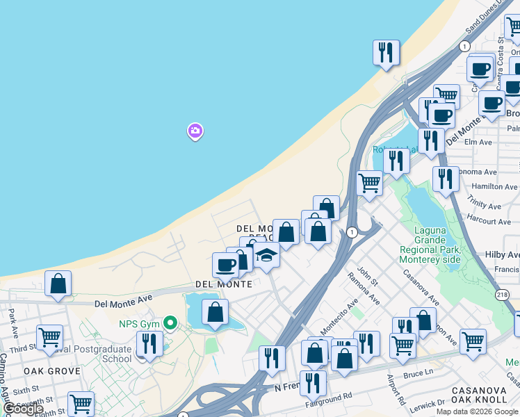 map of restaurants, bars, coffee shops, grocery stores, and more near 125 Surf Way in Monterey