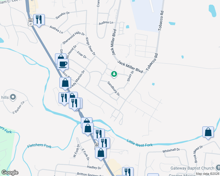 map of restaurants, bars, coffee shops, grocery stores, and more near 414 Sandburg Drive in Clarksville
