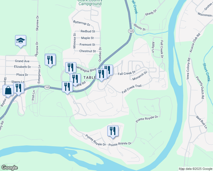 map of restaurants, bars, coffee shops, grocery stores, and more near 20 Fall Creek Drive in Branson