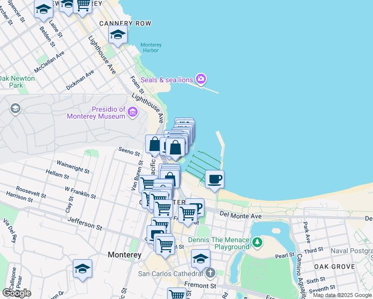 map of restaurants, bars, coffee shops, grocery stores, and more near 50 Old Fisherman’s Wharf in Monterey