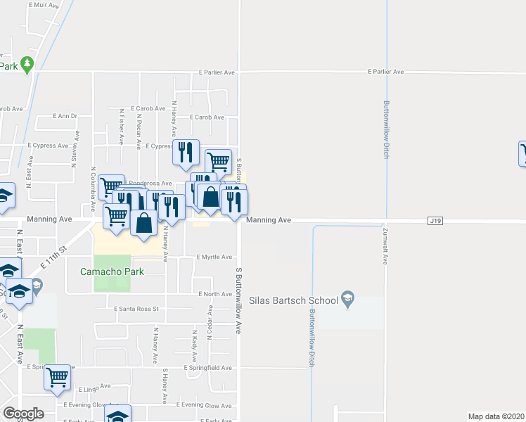 map of restaurants, bars, coffee shops, grocery stores, and more near 17466 East Manning Avenue in Reedley